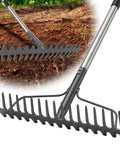 Heavy Duty Bow Rake 79 Inch Garden Rake with Wide 17 Tine Head and Stainless Steel Handle in use on soil