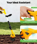 Cordless Garden Tiller Cultivator 250RPM Portable Electric Rototiller With Batteries And Charger Included shown in use on garden soil