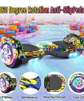Colorful self-balancing scooter with LED lights and 6.5-inch wheels displayed on a track.
