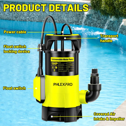 Beast Submersible Water Pump 1HP 5300GPH with Automatic Float Switch in Pool, features labelled, ideal for various water systems.