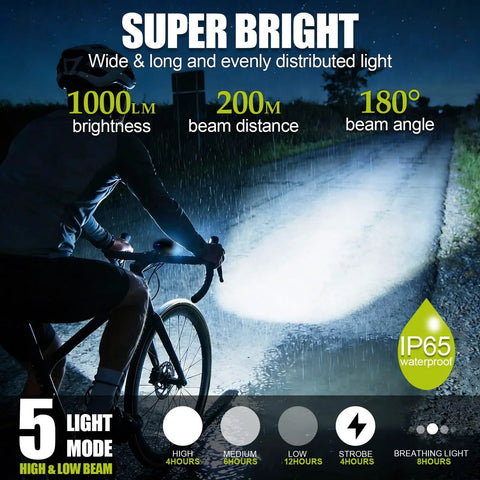 Cyclist using Beast Mode 1000 Lumen Front Bike Light With Dual Beam High Low For Night Riding, illuminating road ahead.