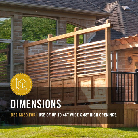 Beefy Black Louver Hardware System For Outdoor Privacy, Holds Up To 11 Boards, Fits 48 Inch Wide Openings, shown installed on patio