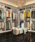 Heavy Duty White Closet System With Twelve Hanging Rods And Shelves Eight Foot Modular Walk In Organizer Custom Adjustable Wooden Storage Rack Haul Ready with organized clothing and storage.