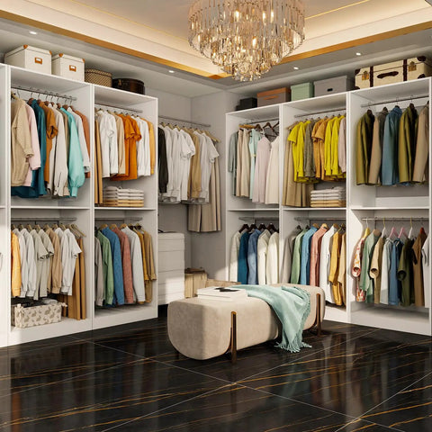 Heavy Duty White Closet System With Twelve Hanging Rods And Shelves Eight Foot Modular Walk In Organizer Custom Adjustable Wooden Storage Rack Haul Ready with organized clothing and storage.
