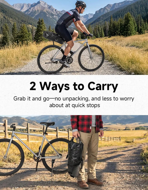 Expandable 13L-15L Waterproof Bikepacking Saddle Bag for Road, Mountain, and E-Bikes with cyclist and carry handle shown