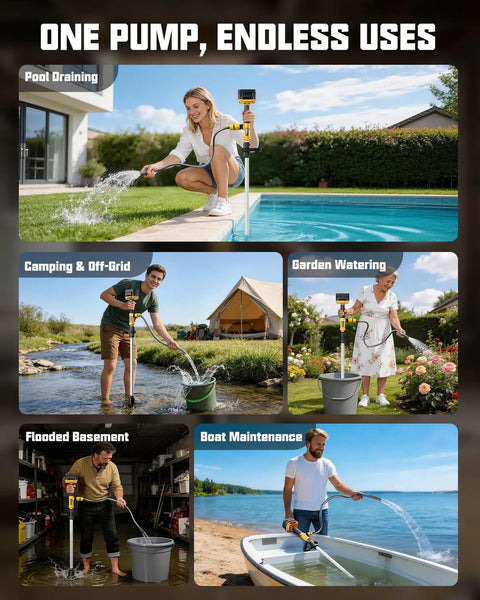 Cordless Water Transfer Pump With Brushless Motor, 720 GPH Portable Utility Pump For Pools and Gardens in use outdoors.