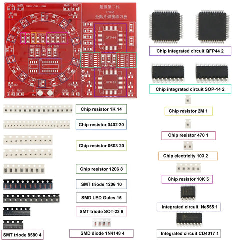 Red PCB with components from Beginner SMD Soldering Practice Kit With 4 PCB Training Boards Blue Red Green and Small Blue 60W Iron