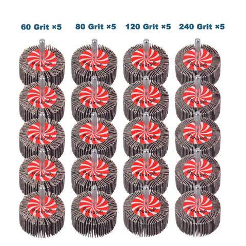20 Pack Flap Wheel Sander Set For Drill, 2 Inch By 1 Inch Shank Aluminum Oxide Flap Wheels, 5 Pcs Each Of 60 80 120 And 240 Grits, Dope For Deburring, Grinding And Smooth Finishes arranged in rows
