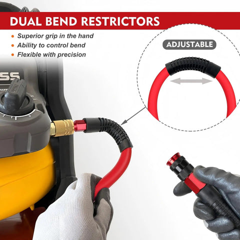 Reliable Workhorse Lightweight Hybrid Air Compressor Hose 3/8 Inch By 10 Feet Featuring Kink Resistant Flexibility 300 Psi Pressure Rating And Quick Connect Couplers at adjustable dual bend restrictor