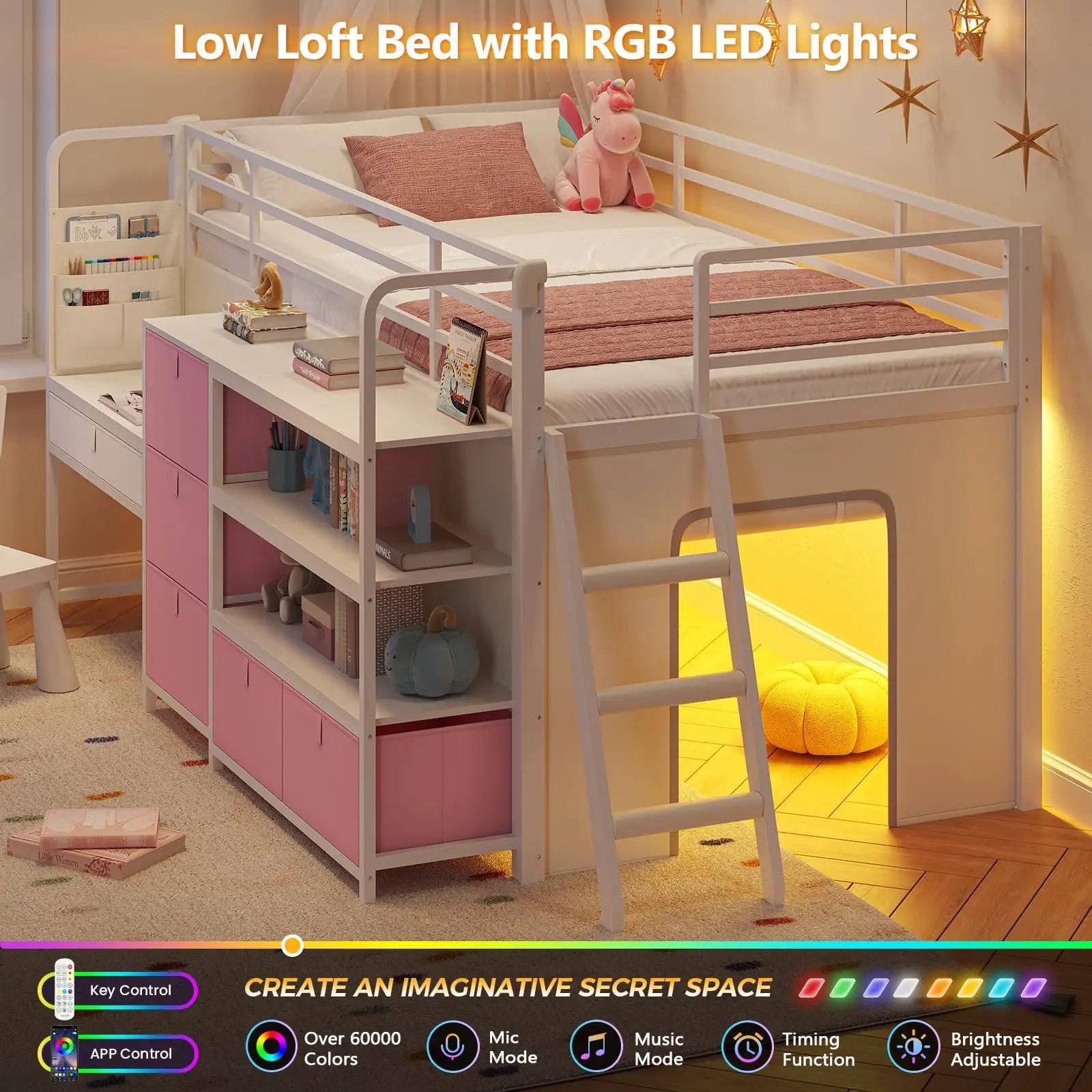 Low Loft Bed With Desk And Six Storage Drawers for Kids ✓