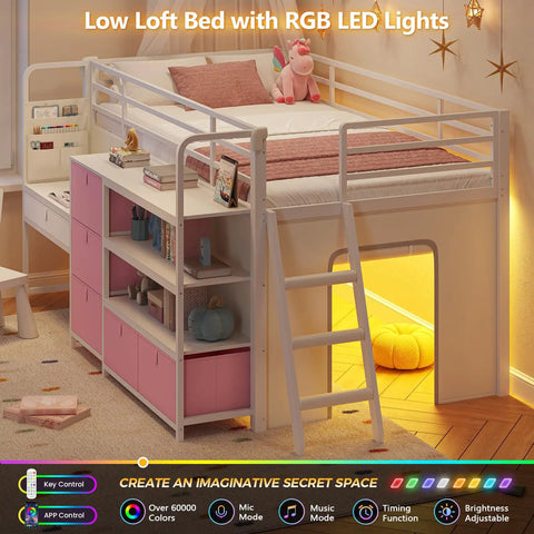 Low Loft Bed With Desk And Six Storage Drawers For Kids Space Saving Twin Loft Bed With Bookshelf LED Lights Under Bed Play Space Guardrail 13.8 Inches Inclined Ladder And Play Curtain Pink And White