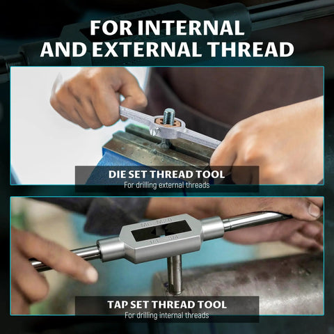 Hands using 86pc Tap And Die Set For Threading SAE And Metric Sizes M3 To M16 Pro Grade Tool Kit With 39 Taps And 39 Dies.
