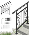 Adjustable Three Step Handrail For Outdoor Stairs With Heavy Duty Rust Resistant Zinc Steel Build And Stylish Floral Accents installed on concrete steps.
