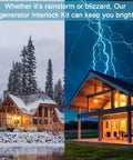 Winter storm and lightning over homes with Generator Interlock Kit For BR Series 150 And 200 Amp Panels benefit text at top.