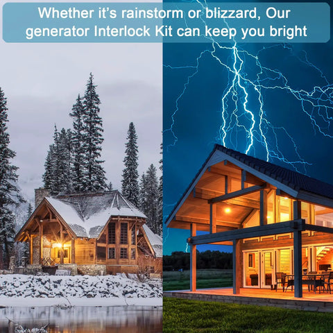 Winter storm and lightning over homes with Generator Interlock Kit For BR Series 150 And 200 Amp Panels benefit text at top.