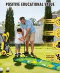 Father and son using All-In-One Toddler Golf Set With Wheeled Cart For Indoor Outdoor Play in backyard, showing educational value.
