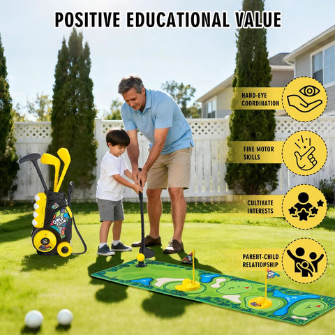 Father and son using All-In-One Toddler Golf Set With Wheeled Cart For Indoor Outdoor Play in backyard, showing educational value.