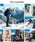 74 Inch Aluminum Camera Tripod for Cameras and Phones in various setups, including DSLR, laser level, and action camera, outdoors and indoors.