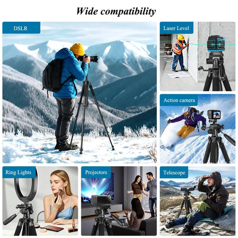 74 Inch Aluminum Camera Tripod for Cameras and Phones in various setups, including DSLR, laser level, and action camera, outdoors and indoors.