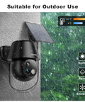 Wireless Outdoor Security Camera System With 2K Pan Tilt 360 View, Solar Or Battery Powered, mounted outside in rain