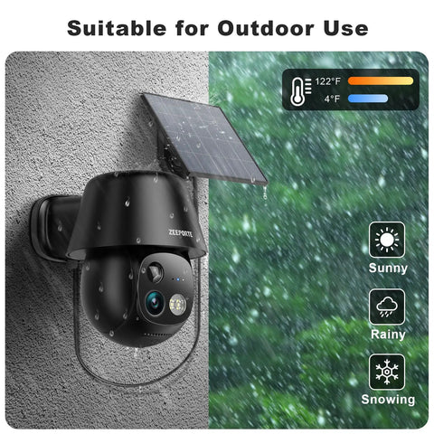 Wireless Outdoor Security Camera System With 2K Pan Tilt 360 View, Solar Or Battery Powered, mounted outside in rain