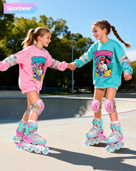 Girls wearing Inline Roller Skates For Girls And Women With Adjustable Size 2 To 7.5 Eight LED Light Up Wheels Protective Gear Set in skate park