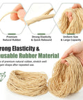 Hand holding 300 Large Rubber Bands For Everyday Use Size 117A 7 Inch By 1/16 Inch Beige Stretchy Elastic Bands, showing elasticity.