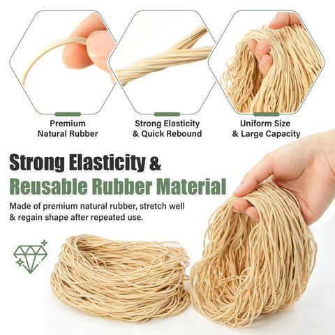 Hand holding 300 Large Rubber Bands For Everyday Use Size 117A 7 Inch By 1/16 Inch Beige Stretchy Elastic Bands, showing elasticity.