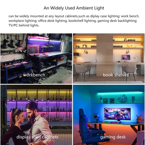 Ambient lighting setup with Under Cabinet LED Light Strips With Alexa And Google Home Voice Control in workshop, bookshelves, display cabinets, and gaming desk, featuring color-changing RGB lights.