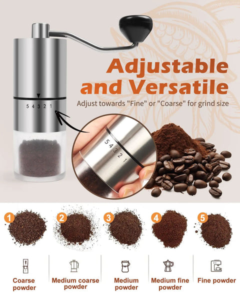 Manual Coffee Grinder With Ceramic Burrs For Espresso And French Press, Five Adjustable Settings, Hand Crank, Durable Stainless Steel