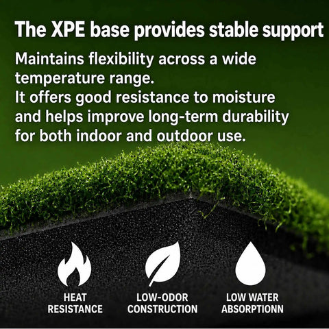 Close-up of Outdoor Putting Green Mat with text on XPE base durability, heat resistance icons, focus keyword included.