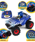 RC Sonic Racing CrossWorlds Monster Truck Ready To Run 2.4GHz Remote Control Toy in blue with turbo boost and wheelie action.