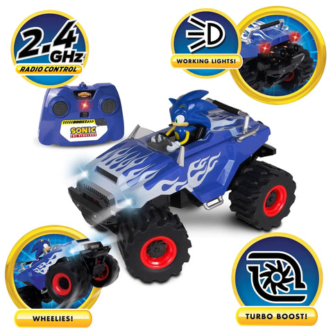 RC Sonic Racing CrossWorlds Monster Truck Ready To Run 2.4GHz Remote Control Toy in blue with turbo boost and wheelie action.