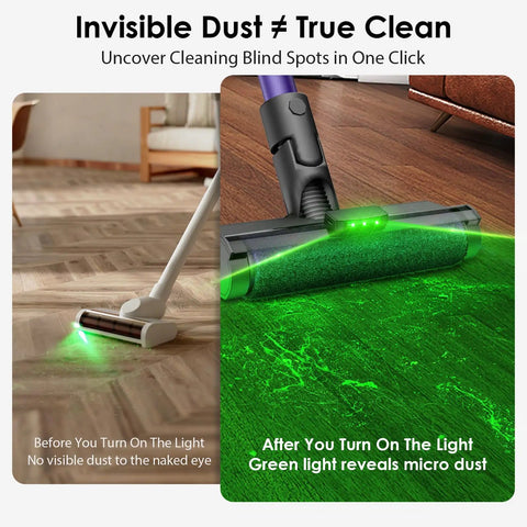 Ultra Wide Vacuum Dust Display Light With Auto Start Stop Center Mounted Reveals Hidden Dust And Pet Hair in action on wood floor