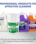 Assortment of Colgate professional cleaning products including soaps and degreasers, large containers on display