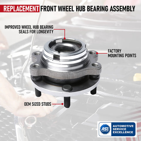Front Wheel Hub Bearing Assembly For Infiniti And Nissan Vehicles Including QX60 JX35 Altima Maxima Pathfinder Replaces 513296 951403 402023JA1A For A Smooth Quiet Ride And Easy Install with improved seals and mounting points.