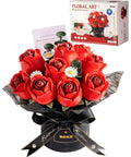 3D Puzzles DIY Flower Kit Burgundy Rose Bouquet With White Daisies And Eucalyptus Snap Together For Realistic Forever Fresh Home Decor Dope Gift Box Set, front view