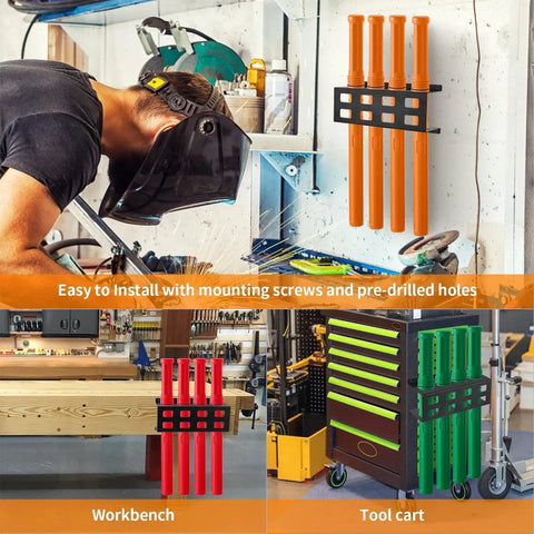Welding Electrode Storage Wall Mount Organizer With Four Tube Rod Rack on workshop wall and tool cart