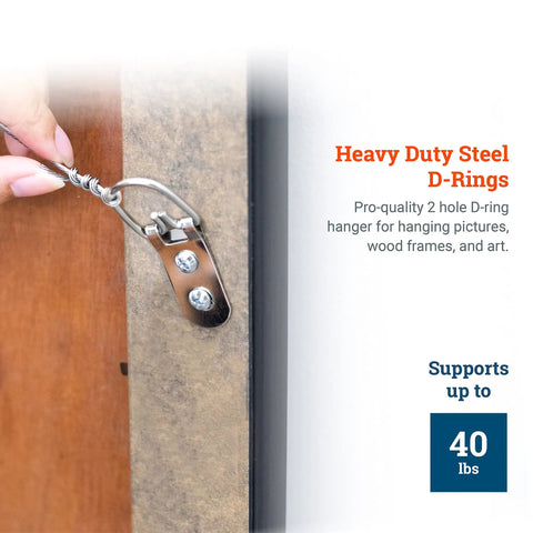 Heavy Duty D Ring Picture Hangers Bulk Pack 50 Count Two Hole With Screws One Inch Wide Supports Up To 40 Lbs For Wood Picture Frames Two And One Quarter Inch Long Durable Frame Hanger Set.