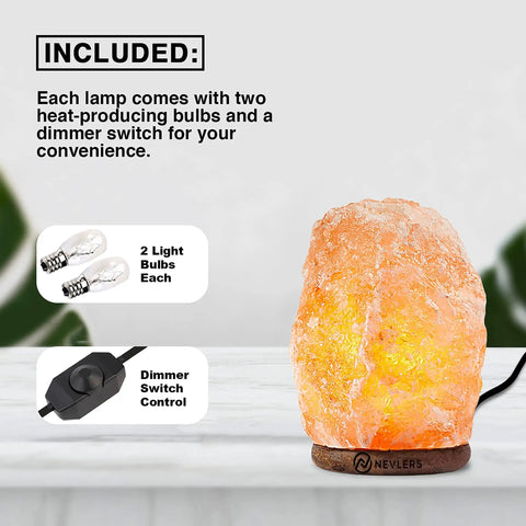 Two Pack Pink Himalayan Salt Lamps With Dimmer Cord And Bulb, 6 To 8 Inch Tall Rock Salt Lamps On Wood Base with bulbs and dimmer