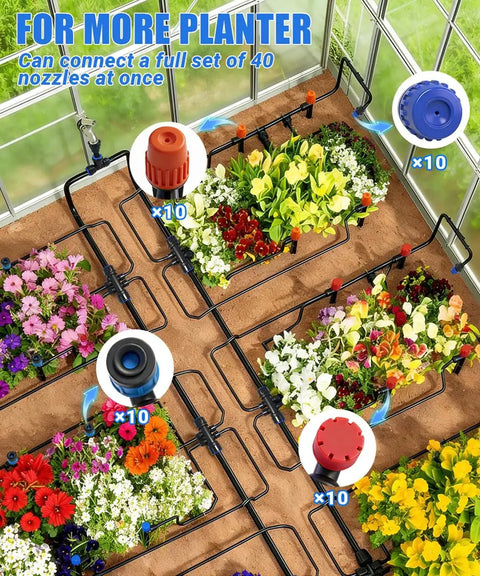 237 Feet Quick Connect Drip Irrigation Kit With 40 Adjustable Nozzles, UV Resistant Tubing in greenhouse with colorful plants