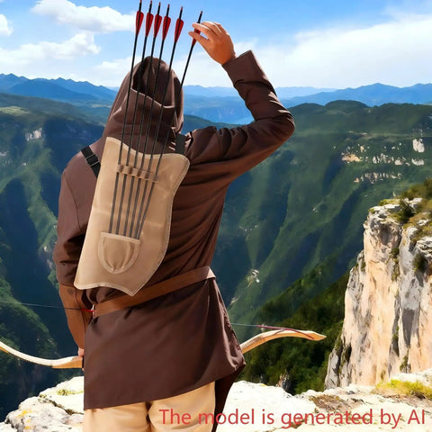 Man wearing waxed canvas archery quiver with slots and adjustable shoulder strap, outdoor hiking hunting and target practice