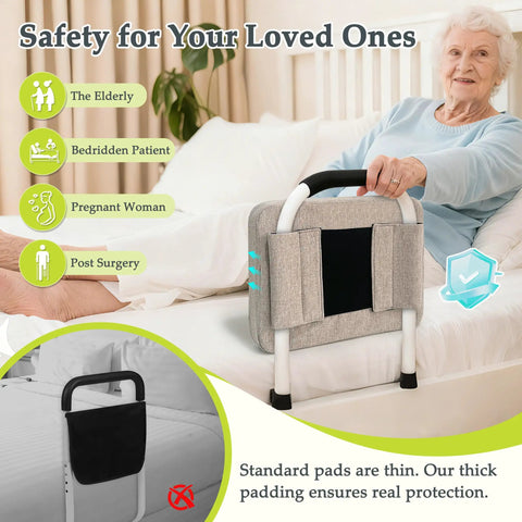 Elderly woman using Bed Rail Cushion Pad For Elderly Safety And Comfort Without Rails Soft Foam Cover For Side Rails In Home.