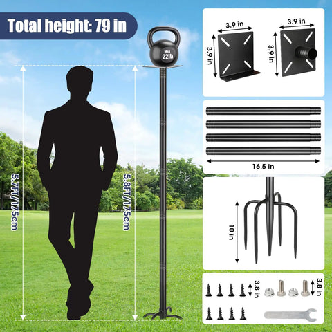 Diagram of Beefy 79 Inch Bird Feeder Pole Stand with measurements and components for outdoor use.