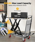 CAMMOO lift table cart, gray; 500 lb capacity, 28.5 in lift height, scissor lift with non-slip pad and foldable handle.