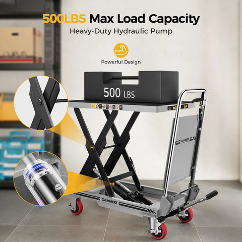 CAMMOO lift table cart, gray; 500 lb capacity, 28.5 in lift height, scissor lift with non-slip pad and foldable handle.