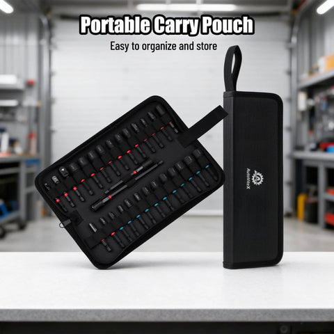 AutoViteX 29-piece magnetic nut driver set in black zippered storage case with color-coded bits