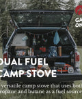 15,000 BTU Dual Fuel Portable Camping Stove For Propane Or Butane, Beast Of An Outdoor Stove With Carrying Case, in truck bed