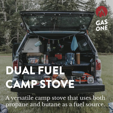 15,000 BTU Dual Fuel Portable Camping Stove For Propane Or Butane, Beast Of An Outdoor Stove With Carrying Case, in truck bed
