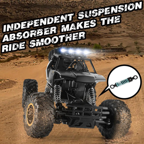 One Twelve Scale RC Off Road Monster Truck With Metal Shell And LED Headlights showcasing suspension on rough terrain.